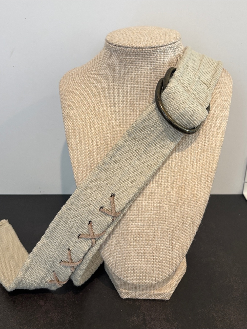 Cream Woven D-Ring Belt Size 34 - Tan Lace Up